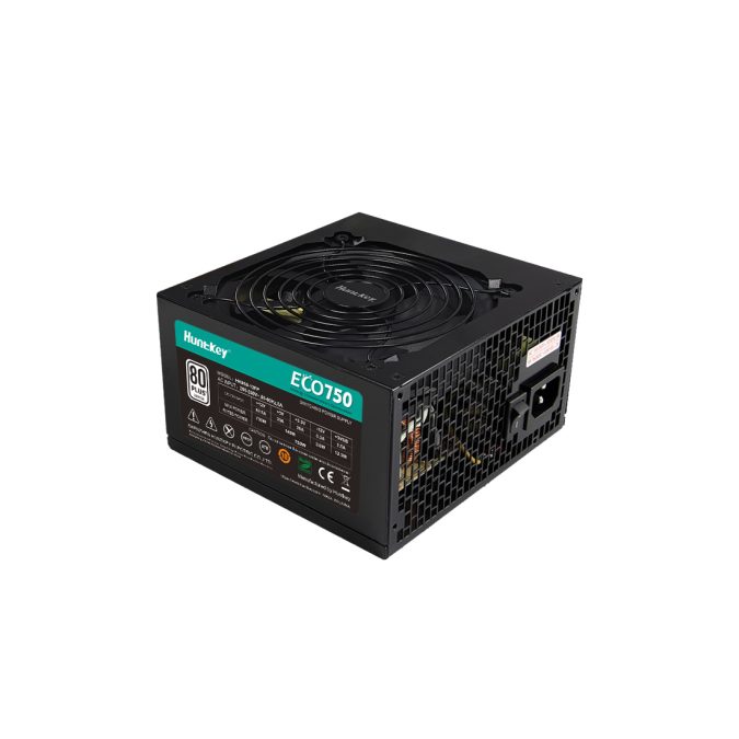 Блок питания, Huntkey, ECO750, 750W, ATX, APFC, 20+4 pin, 2*4+4pin, 3*Sata, 3*Molex, 2*PCI-E 6+2 pin, Вентилятор 12см, Кабель питания, Чёрный