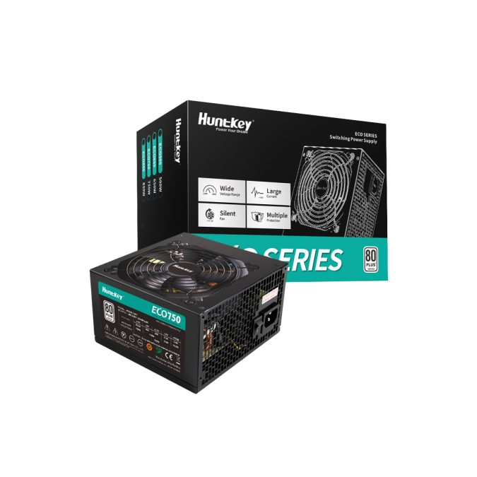 Блок питания, Huntkey, ECO750, 750W, ATX, APFC, 20+4 pin, 2*4+4pin, 3*Sata, 3*Molex, 2*PCI-E 6+2 pin, Вентилятор 12см, Кабель питания, Чёрный