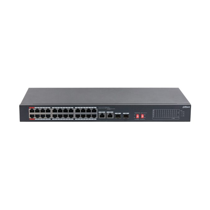 Коммутатор, Dahua, DH-S3226-24ET-240, Неуправляемый, 24 порта 10/100M, 2 комбо порта SFP/RJ-45(1000 Мбит/с), PoE Стандарт IEEE802.3af/at/bt, Hi-PoE, PoE бюджет  240 Вт