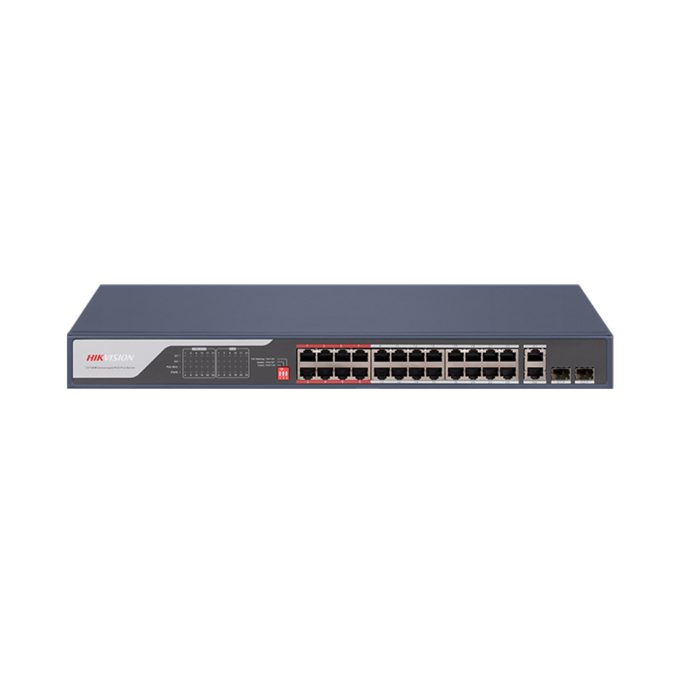 Коммутатор, Hikvision, DS-3E0326P-E(C), Неуправляемый, 24 x 10/100 Mbps, РоЕ 802.3af/at 370W, 2 x Gigabit RJ45, 2 x SFP combo, Стоечный, Long Range Ports 17 to 24: up to 300 m.