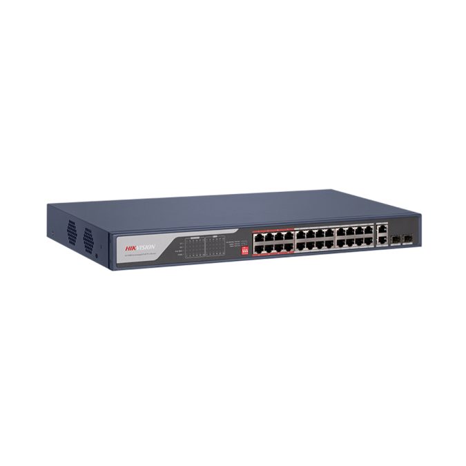 Коммутатор, Hikvision, DS-3E0326P-E(C), Неуправляемый, 24 x 10/100 Mbps, РоЕ 802.3af/at 370W, 2 x Gigabit RJ45, 2 x SFP combo, Стоечный, Long Range Ports 17 to 24: up to 300 m.