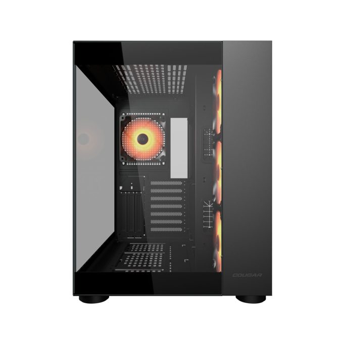 Компьютерный корпус, Cougar, FV150 RGB, ATX/Micro ATX/Mini ITX, USB 1*Type C/2*3.0, 4 Pole Headset Audio, Кулер 4*12см ARGB, Высота процессорного кулера до 180 мм, Длина VGA до 400мм, 2*3.5"/1+1*2.5", Слот 7+3, Толщина 0,6мм, 400x300x420мм, Без Б/П, Чёрный