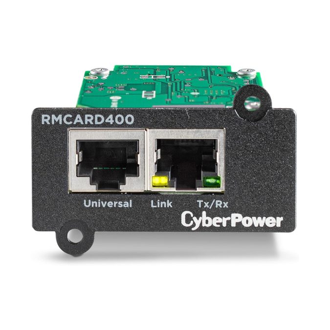 SNMP-карта, CyberPower RMCARD400, Внутренняя установка, Разъём: RJ45/RJ45/MicroSD, Протоколы: IPv4/v6, SNMPv1/v3, HTTP/HTTPs, TCP/IP, UDP, DHCP, NTP, DNS, SMTP, SSH, SSL, TLS, Telnet, FTP и Syslog, Аутентификация: RADIUS, LDAP, LDAPS, Windows AD