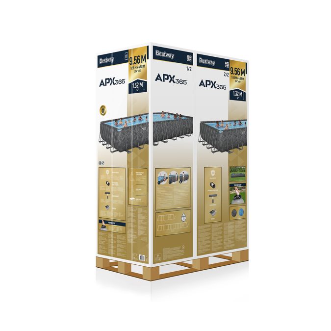 Каркасный бассейн APX 365 956 x 488 x 132 см, BESTWAY, 561KJ, Винил, 52231 л., Стальной каркас, Песочный ф-насос 58499 (8327л/ч) с полисферами, Лестница 58332, Тент, Темно-Серый, Цветные коробки на паллете