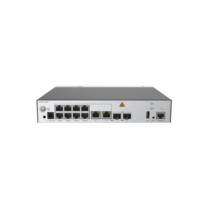 Контроллер точек доступа, Huawei, AC650-128AP, Поддержка до 128 точек доступа, консольный порт RJ-45, порт USB 2.0 Type A, 10 портов 10/100/1000M RJ-45, 2 порта SFP+, FLASH 1GB