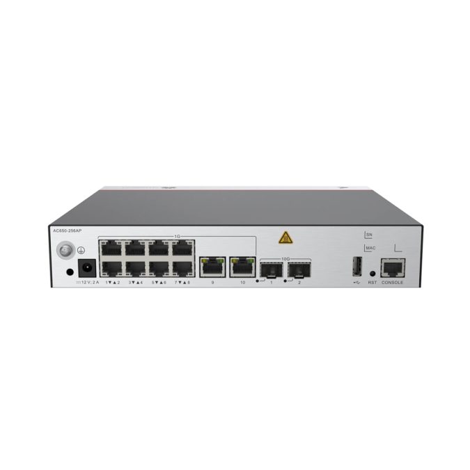 Контроллер точек доступа, Huawei, AC650-256AP, Поддержка до 256 точек доступа, консольный порт RJ-45, порт USB 2.0 Type A, 10 портов 10/100/1000M RJ-45, 2 порта SFP+, FLASH 1GB