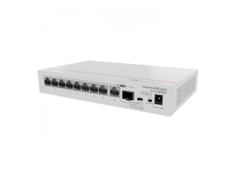 Коммутатор, Huawei, S110-8P2ST, Неуправляемый, 8 портов 10/100/1000 PoE+, 1GE RJ45 + 1GE SFP, PoE 124 Вт, 20 Гбит/с, 170–264 В AC, настольный