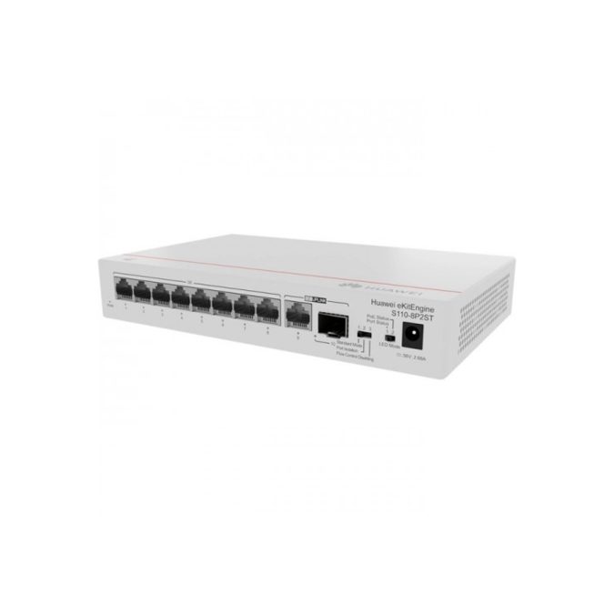 Коммутатор, Huawei, S110-8P2ST, Неуправляемый, 8 портов 10/100/1000 PoE+, 1GE RJ45 + 1GE SFP, PoE 124 Вт, 20 Гбит/с, 170–264 В AC, настольный