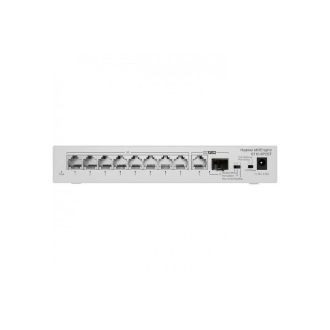 Коммутатор, Huawei, S110-8P2ST, Неуправляемый, 8 портов 10/100/1000 PoE+, 1GE RJ45 + 1GE SFP, PoE 124 Вт, 20 Гбит/с, 170–264 В AC, настольный