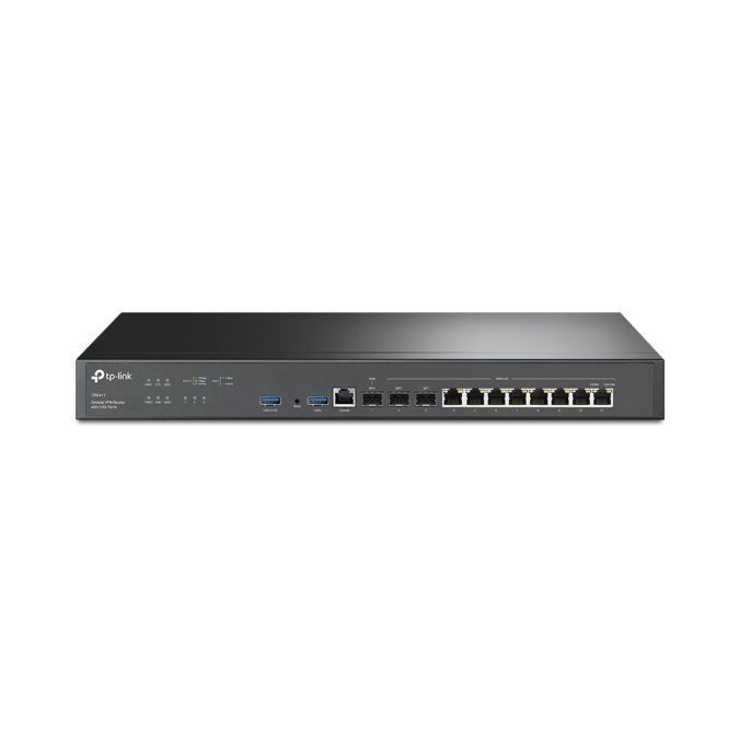 Маршрутизатор VPN, TP-Link, ER8411, SafeStream Гигабитный VPN-маршрутизатор с 2 портами SFP+ 10 Гбит/с, 1 гигабитный SFP-порт WAN/LAN, 8 гигабитных портов RJ45 WAN/LAN, 1 консольный порт RJ45, 2 USB-порта для создания резервного подключения WAN через USB-модем 3G/4G