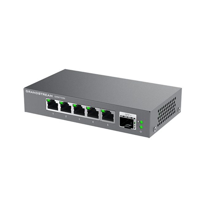 Коммутатор, Grandstream, GWN7700M, неуправляемый мультигигабитный, 5RJ45 100/1000/2500 Мбит/с + 1SFP+, 45 Гбит/с, Plug-and-Play, fanless, металлический корпус, настольный/настенный