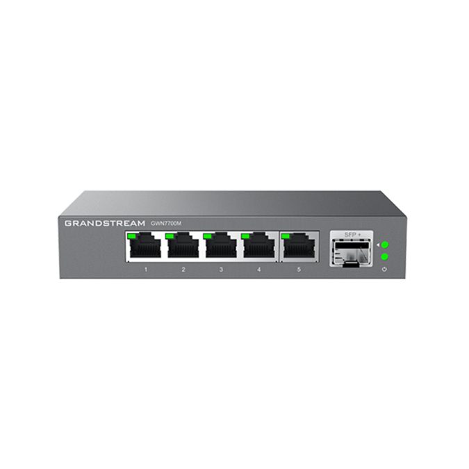 Коммутатор, Grandstream, GWN7700M, неуправляемый мультигигабитный, 5RJ45 100/1000/2500 Мбит/с + 1SFP+, 45 Гбит/с, Plug-and-Play, fanless, металлический корпус, настольный/настенный