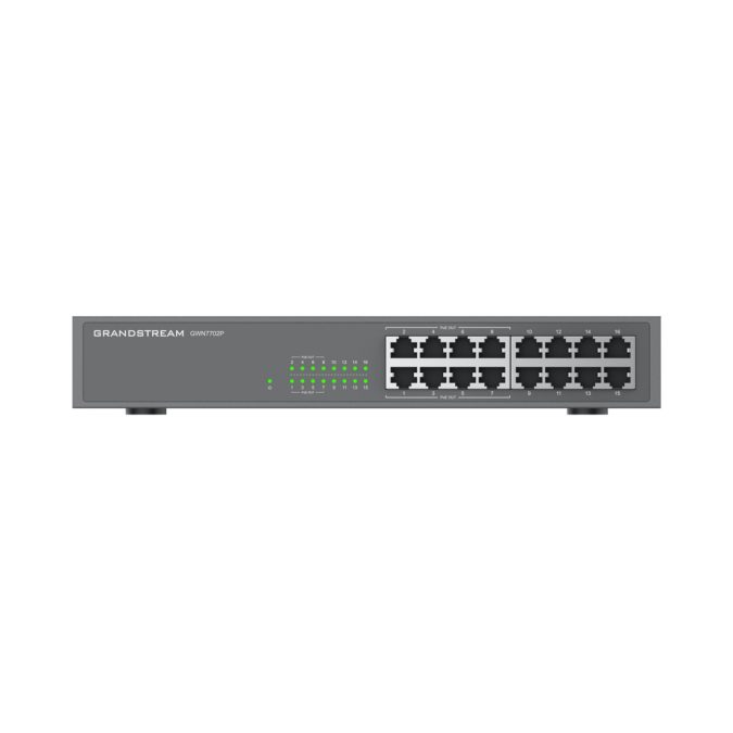 Коммутатор, Grandstream, GWN7702P, Неуправляемый, 16 портов RJ-45 10/100/1000 Мбит/с, 8 портов PoE 802.3 af/at, бюджет РоЕ: 138 Вт, Настольный/в стойку, корпус металлический