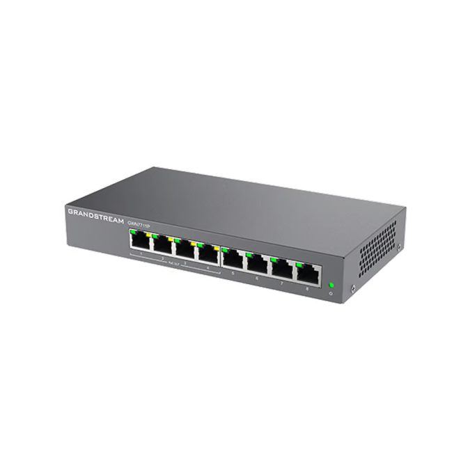 Коммутатор, Grandstream, GWN7711P, управляемый L2, 8 портов RJ-45 10/100/1000 Мбит/с,, 4 порта PoE/PoE+ 802.3af/at или Passive PoE +24 В, бюджет PoE 60W, Бесшумный режим: без вентилятора, настольный/настенный, корпус металлический