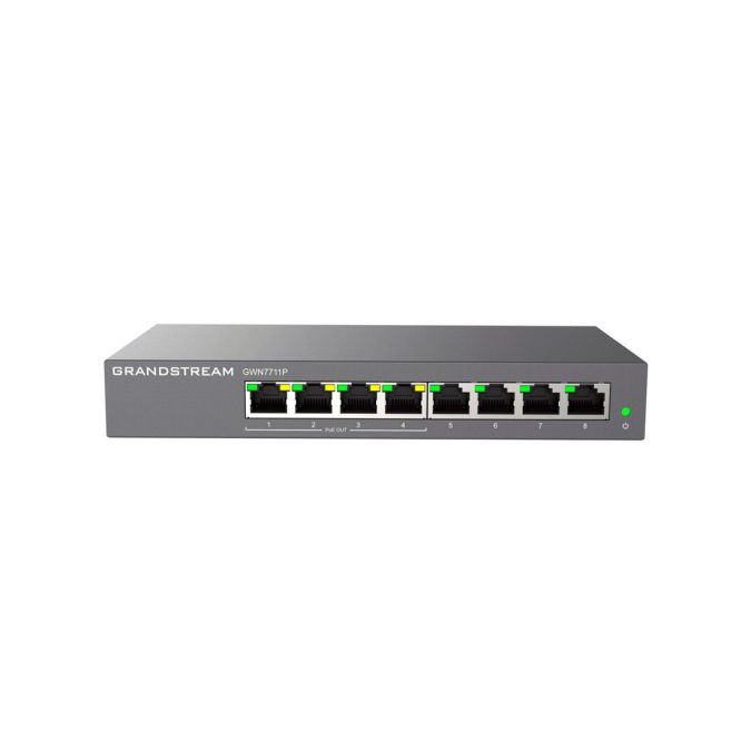 Коммутатор, Grandstream, GWN7711P, управляемый L2, 8 портов RJ-45 10/100/1000 Мбит/с,, 4 порта PoE/PoE+ 802.3af/at или Passive PoE +24 В, бюджет PoE 60W, Бесшумный режим: без вентилятора, настольный/настенный, корпус металлический