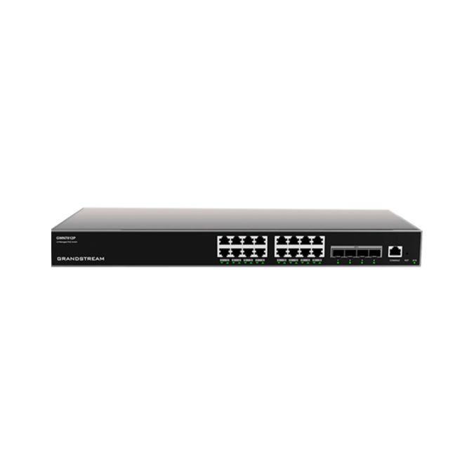 Коммутатор, Grandstream, GWN7812P, Управляемый L3, 16 портов RJ-45 10/100/1000 Мбит/с, 4 порта SFP+, PoE 802.3 af/at, до 30 Вт на порт, бюджет 240 Вт, Настольный/в стойку
