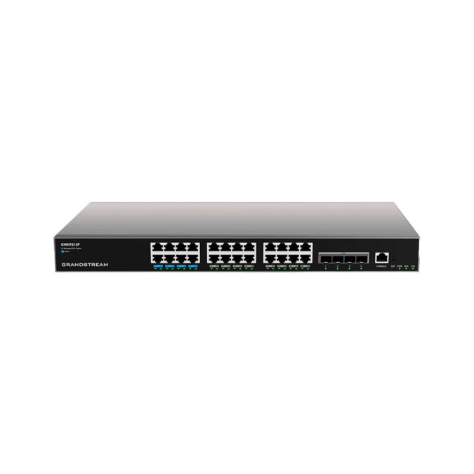 Коммутатор, Grandstream, GWN7813P, Управляемый L3, 24 порта RJ-45 10/100/1000 Мбит/с, 4 порта SFP+, 802.3af/at/bt, Макс. суммарная мощность PoE 370 Вт, дополнительный резервный блок питания (опция), Настольный/в стойку