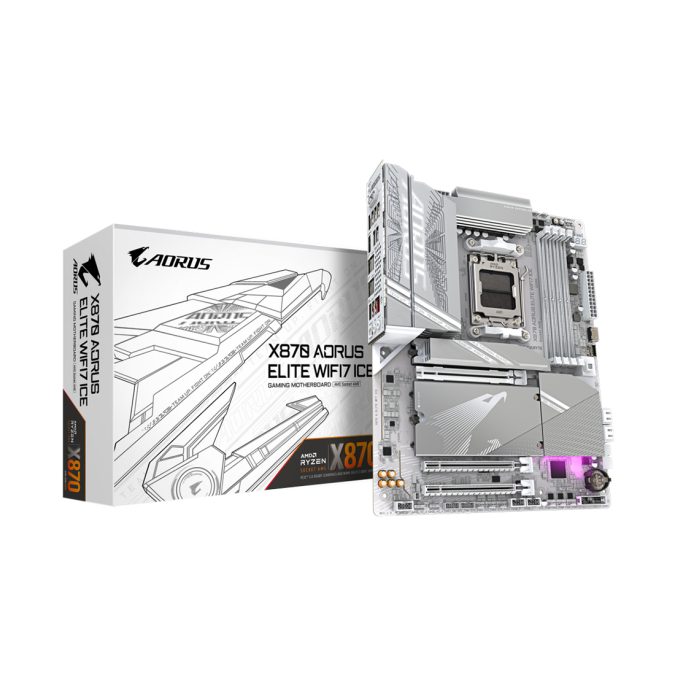 Материнская плата, Gigabyte, X870 AORUS ELITE WIFI7 ICE (4719331864682), AM5, X870, 4xDDR5 4400/4800/5200/8000(OC), 4xSATA3, 4xM.2 (PCIe 4.0 x4/x2), Raid, 1xHDMI, 2xUSB4 Type-C®, 3xPCI-Ex16, Wi-Fi, ATX
