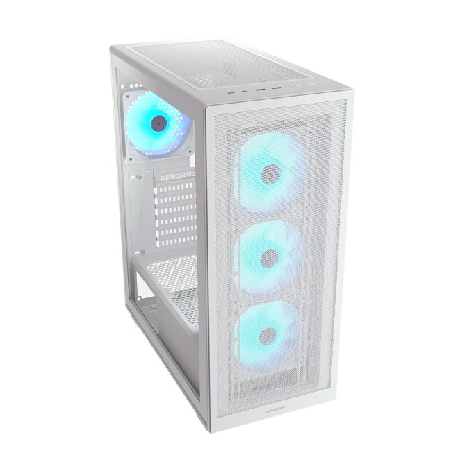 Компьютерный корпус, Cougar, MX220 RGB (White), ATX/Micro ATX/Mini ITX, USB 1*Type C/2*3.0, 4 Pole Headset Audio Jack, RGB Button, Кулер 4*12см ARGB, Высота процессорного кулера до 160 мм, Длина VGA до 340мм, 2*3.5"/2+2*2.5", Толщина 0,6мм, 485x205x393мм, Без Б/П, Белый