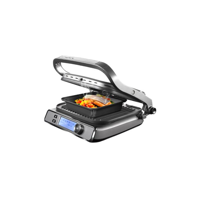 Гриль, Redmond, SteakMaster GM301, 7 программ, Температура нагрева 70-230 °C, Открытие на 180°, Антипригарное покрытие, Размер рабочей поверхности 31.3 х 24.4 см, Электронное управление, Съемные пластины, Серый/металл