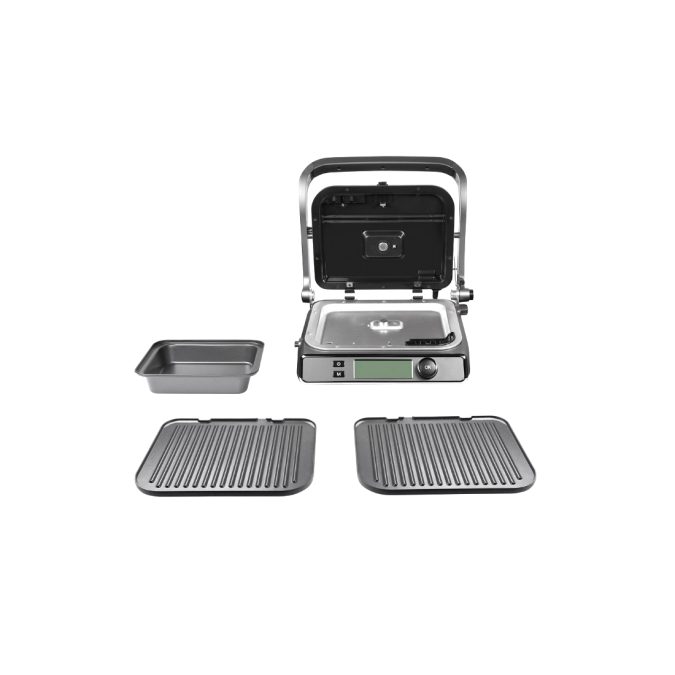 Гриль, Redmond, SteakMaster GM301, 7 программ, Температура нагрева 70-230 °C, Открытие на 180°, Антипригарное покрытие, Размер рабочей поверхности 31.3 х 24.4 см, Электронное управление, Съемные пластины, Серый/металл