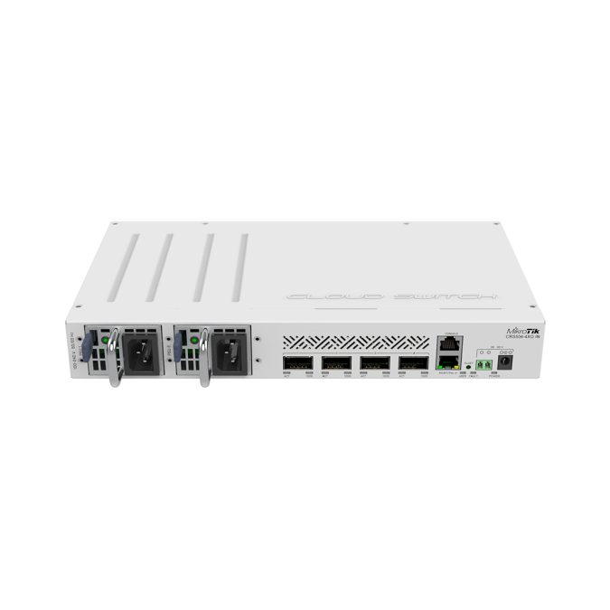 Коммутатор, MikroTik, CRS504-4XQ-IN, Cloud Router Switch, 1 порт 10/100 Ethernet, 4 порта 100G QSFP28, 2 блока питания AC, DC входы -3 (2-pin terminal, DC jack, PoE-IN). RouterOS, -40°C to 70°C