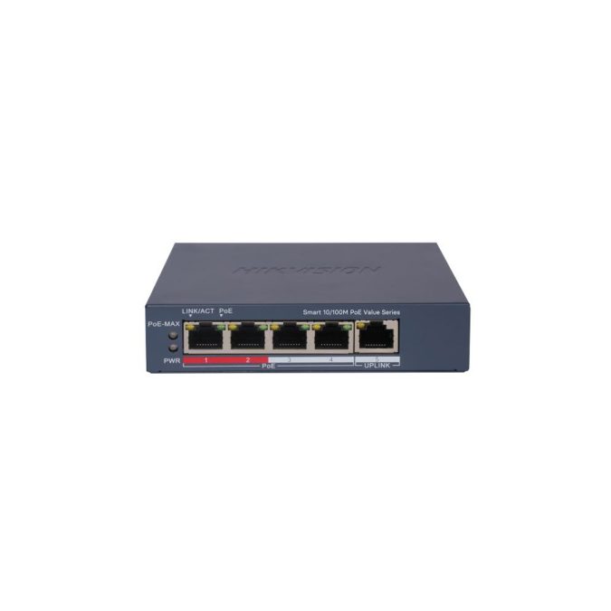 Коммутатор, Hikvision, DS-3E1105P-EI/M (V2), Управляемый L2, 4 x 10/100 Mbps, РоЕ 802.3af/at 45W, 1 x 10/100 Mbps RJ45, Настольный, Long Range Ports 1 to 4: up to 300 m.