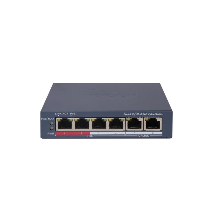 Коммутатор, Hikvision, DS-3E1106P-EI/M, Управляемый L2, 4 x 10/100 Mbps, РоЕ 802.3af/at 45W, 2 x 10/100 Mbps RJ45, Настольный, Long Range Ports 1 to 4: up to 300 m.