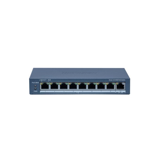 Коммутатор, Hikvision, DS-3E1309P-EI/M, Управляемый L2, 8 x 10/100 Mbps, РоЕ 802.3af/at 60W, 1 x Gigabit RJ45, Настольный, Long Range Ports 1 to 8: up to 300 m.