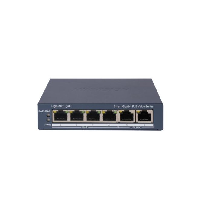 Коммутатор, Hikvision, DS-3E1506P-EI/M, Управляемый L2, 4 x Gigabit RJ45, РоЕ 802.3af/at 45W, 2 x Gigabit RJ45, Настольный, Long Range Ports 1 to 4: up to 300 m.