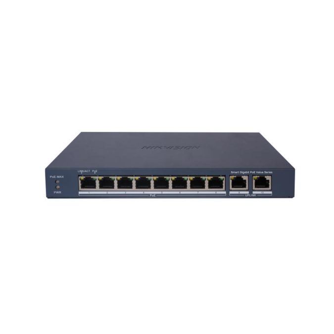 Коммутатор, Hikvision, DS-3E1510P-EI/M, Управляемый L2, 8 x Gigabit RJ45, РоЕ 802.3af/at 60W, 2 x Gigabit RJ45, Настольный, Металл