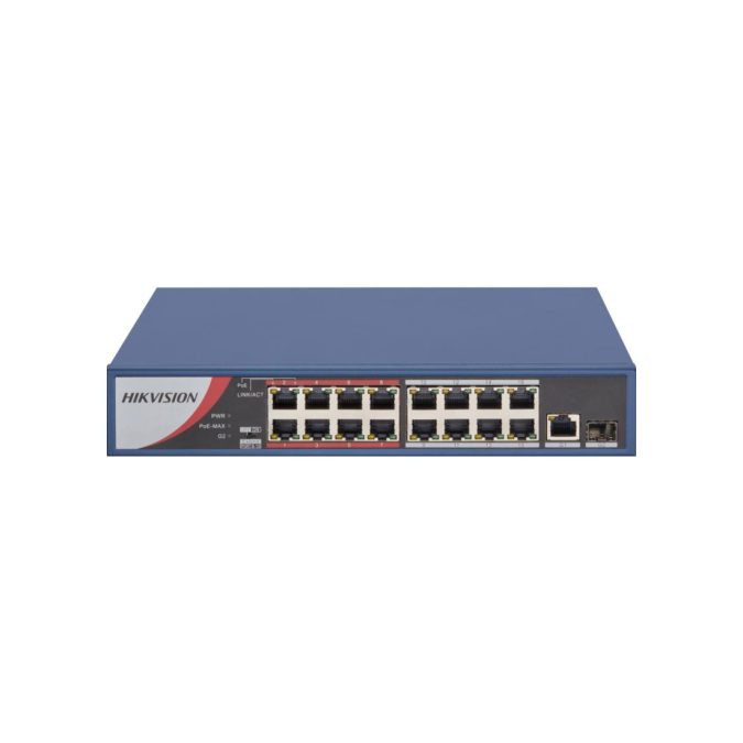 Коммутатор, Hikvision, DS-3E0318P-E/M(C), Неуправляемый, 16 x 10/100 Mbps, РоЕ 802.3af/at 130W, 1 x Gigabit RJ45, 1 x SFP combo, Настольный, Long Range Ports 9 to 16: up to 300 m.
