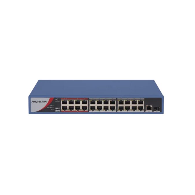Коммутатор, Hikvision, DS-3E0326P-E/M(C), Неуправляемый, 24 x 10/100 Mbps, РоЕ 802.3af/at 230W, 1 x Gigabit RJ45, 1 x SFP, Стоечный, Long Range Ports 17 to 24: up to 300 m.