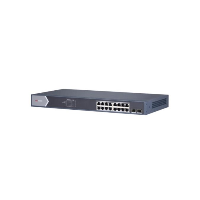 Коммутатор, Hikvision, DS-3E0518P-E/M, Неуправляемый, 16 x Gigabit RJ45, РоЕ 802.3af/at 125W, 2 x SFP, Стоечный, Металл