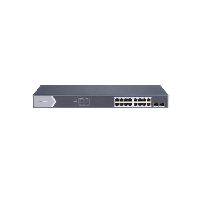 Коммутатор, Hikvision, DS-3E0518P-E/M, Неуправляемый, 16 x Gigabit RJ45, РоЕ 802.3af/at 125W, 2 x SFP, Стоечный, Металл