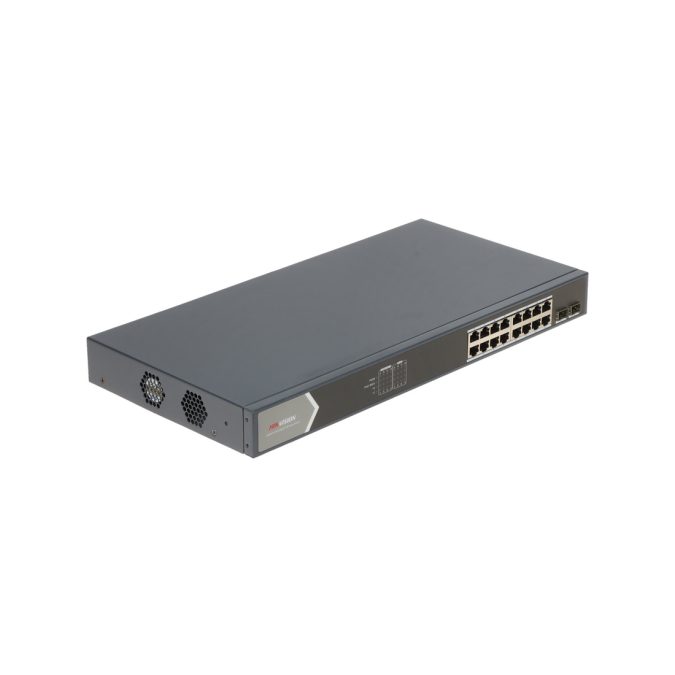 Коммутатор, Hikvision, DS-3E0518P-E/M, Неуправляемый, 16 x Gigabit RJ45, РоЕ 802.3af/at 125W, 2 x SFP, Стоечный, Металл