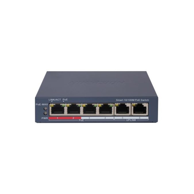 Коммутатор, Hikvision, DS-3E1106P-EI, Управляемый L2, 4 x 10/100 Mbps, РоЕ 802.3af/at 60W, 2 x 10/100 Mbps RJ45, Настольный, Long Range Ports 1 to 4: up to 300 m.