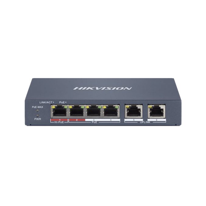 Коммутатор, Hikvision, DS-3E1106HP-EI, Управляемый L2, 4 x 10/100 Mbps, РоЕ 802.3af/at/bt 60W, 2 x 10/100 Mbps RJ45, Настольный, Long Range Ports 1 to 4: up to 300 m.