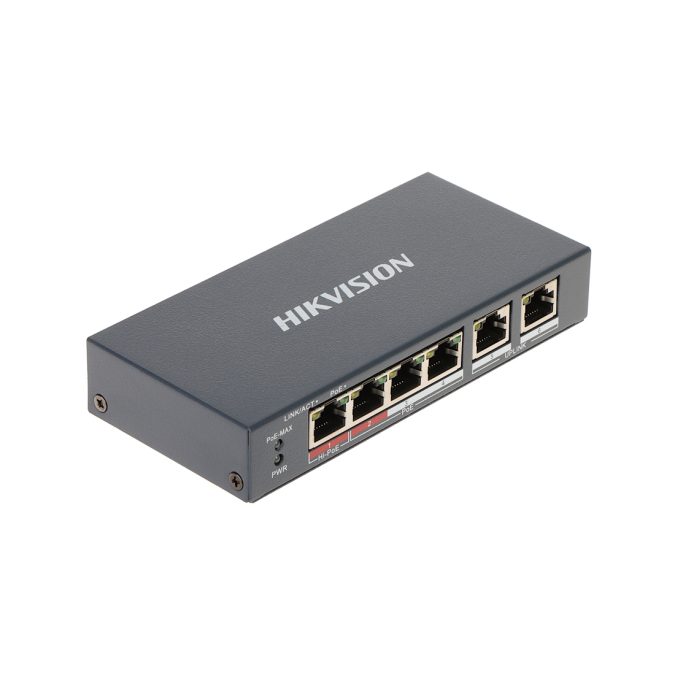 Коммутатор, Hikvision, DS-3E1106HP-EI, Управляемый L2, 4 x 10/100 Mbps, РоЕ 802.3af/at/bt 60W, 2 x 10/100 Mbps RJ45, Настольный, Long Range Ports 1 to 4: up to 300 m.