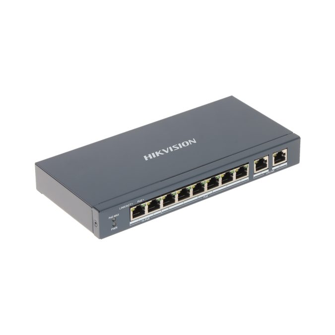 Коммутатор, Hikvision, DS-3E1310P-EI (B), Управляемый L2, 8 x 10/100 Mbps, РоЕ 802.3af/at 110W, 2 x Gigabit RJ45, Настольный, Металл