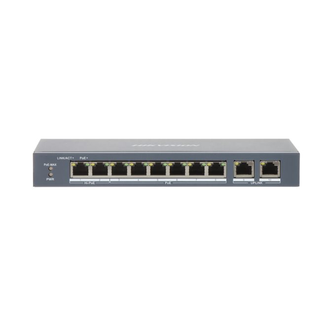 Коммутатор, Hikvision, DS-3E1310P-EI (B), Управляемый L2, 8 x 10/100 Mbps, РоЕ 802.3af/at 110W, 2 x Gigabit RJ45, Настольный, Металл