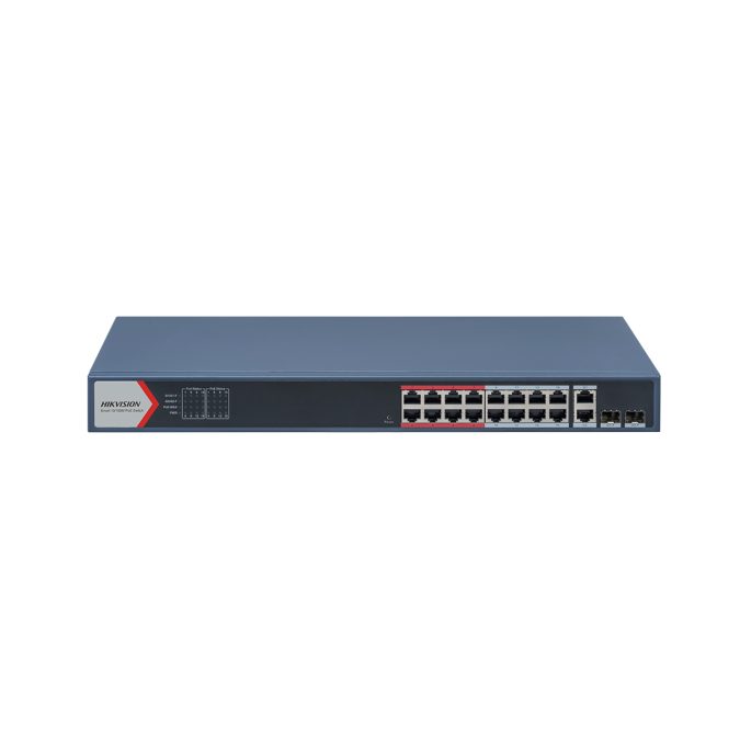 Коммутатор, Hikvision, DS-3E1318P-EI (B), Управляемый L2, 16 x 10/100 Mbps, РоЕ 802.3af/at 230W, 2 x SFP, 2 x 1000 Mbps RJ45, Стоечный, Long Range Ports 1 to 16: up to 300 m.
