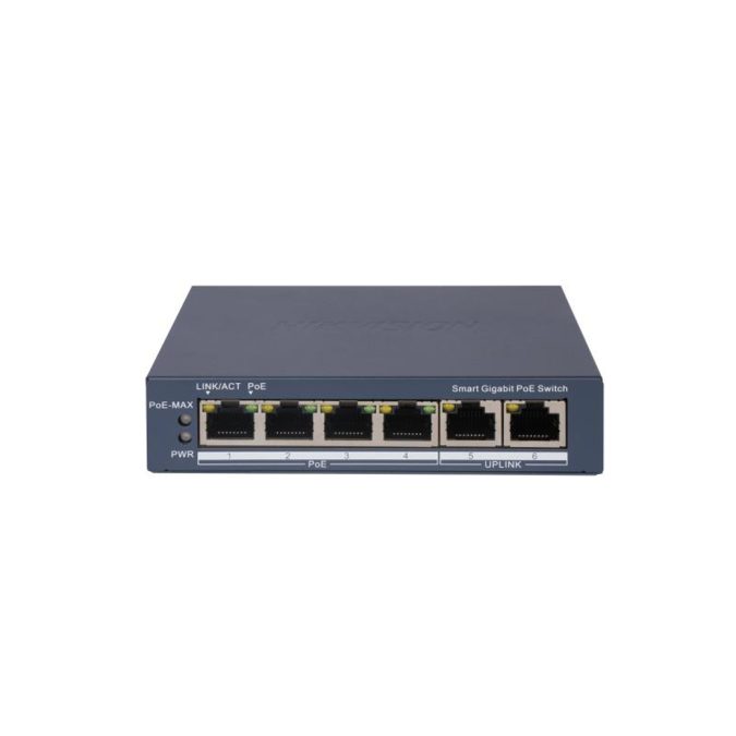 Коммутатор, Hikvision, DS-3E1506P-EI, Управляемый L2, 4 x Gigabit RJ45, РоЕ 802.3af/at 60W, 2 x Gigabit RJ45, Настольный, Long Range Ports 1 to 4: up to 300 m.