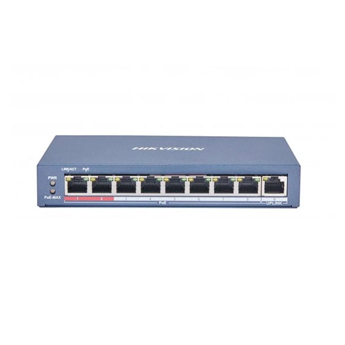 Коммутатор, Hikvision, DS-3E0109P-E(C), Неуправляемый, 8 x 10/100 Mbps, РоЕ 802.3af/at 115W, 1 x 10/100 Mbps , Настольный, Long Range Ports 1 to 4: up to 300 m.