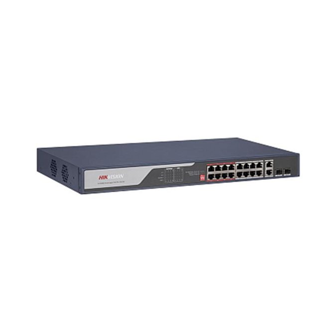 Коммутатор, Hikvision, DS-3E0318P-E(C), Неуправляемый, 16 x 10/100 Mbps, РоЕ 802.3af/at 225W, Combo 2 x Gigabit, 2 x SFP, Стоечный, Long Range Ports 9 to 16: up to 300 m.