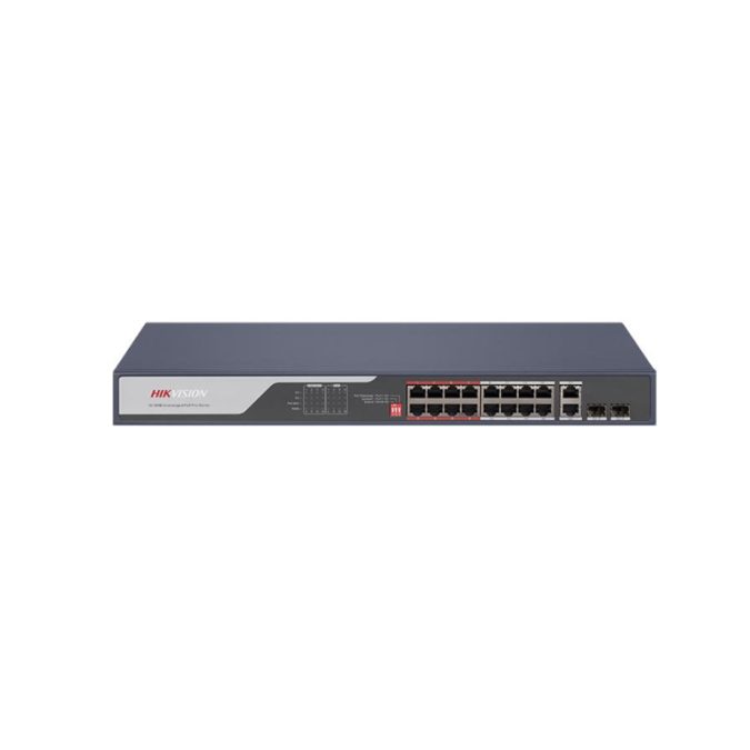 Коммутатор, Hikvision, DS-3E0318P-E(C), Неуправляемый, 16 x 10/100 Mbps, РоЕ 802.3af/at 225W, Combo 2 x Gigabit, 2 x SFP, Стоечный, Long Range Ports 9 to 16: up to 300 m.