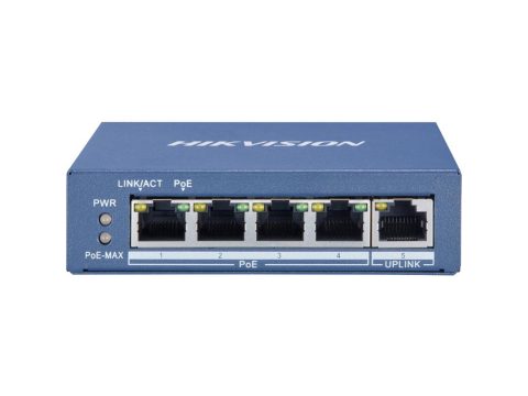 Коммутатор, Hikvision, DS-3E0505P-E, Неуправляемый, 4 x Gigabit RJ45, РоЕ 802.3af/at 60W, 1 x Gigabit RJ45, Настольный, Металл