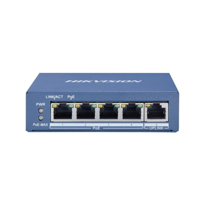 Коммутатор, Hikvision, DS-3E0505P-E, Неуправляемый, 4 x Gigabit RJ45, РоЕ 802.3af/at 60W, 1 x Gigabit RJ45, Настольный, Металл