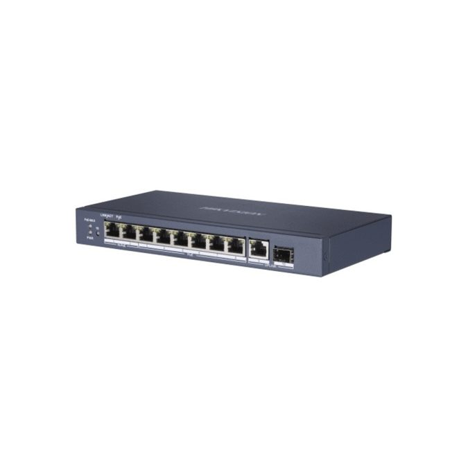 Коммутатор, Hikvision, DS-3E0510HP-E, Неуправляемый, 8 x Gigabit RJ45, РоЕ 802.3af/at/bt 110W, 1 x SFP, 1 x 1000 Mbps RJ45, Настольный, Long Range Ports 7 to 8: up to 300 m.
