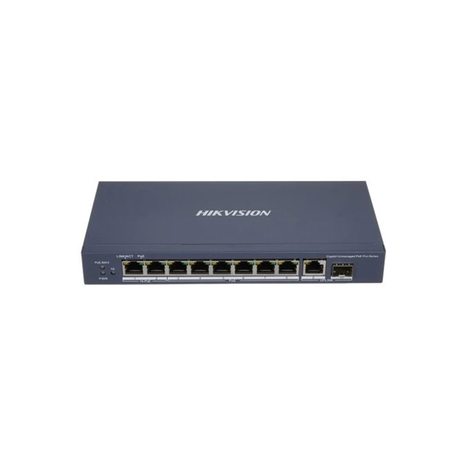 Коммутатор, Hikvision, DS-3E0510HP-E, Неуправляемый, 8 x Gigabit RJ45, РоЕ 802.3af/at/bt 110W, 1 x SFP, 1 x 1000 Mbps RJ45, Настольный, Long Range Ports 7 to 8: up to 300 m.